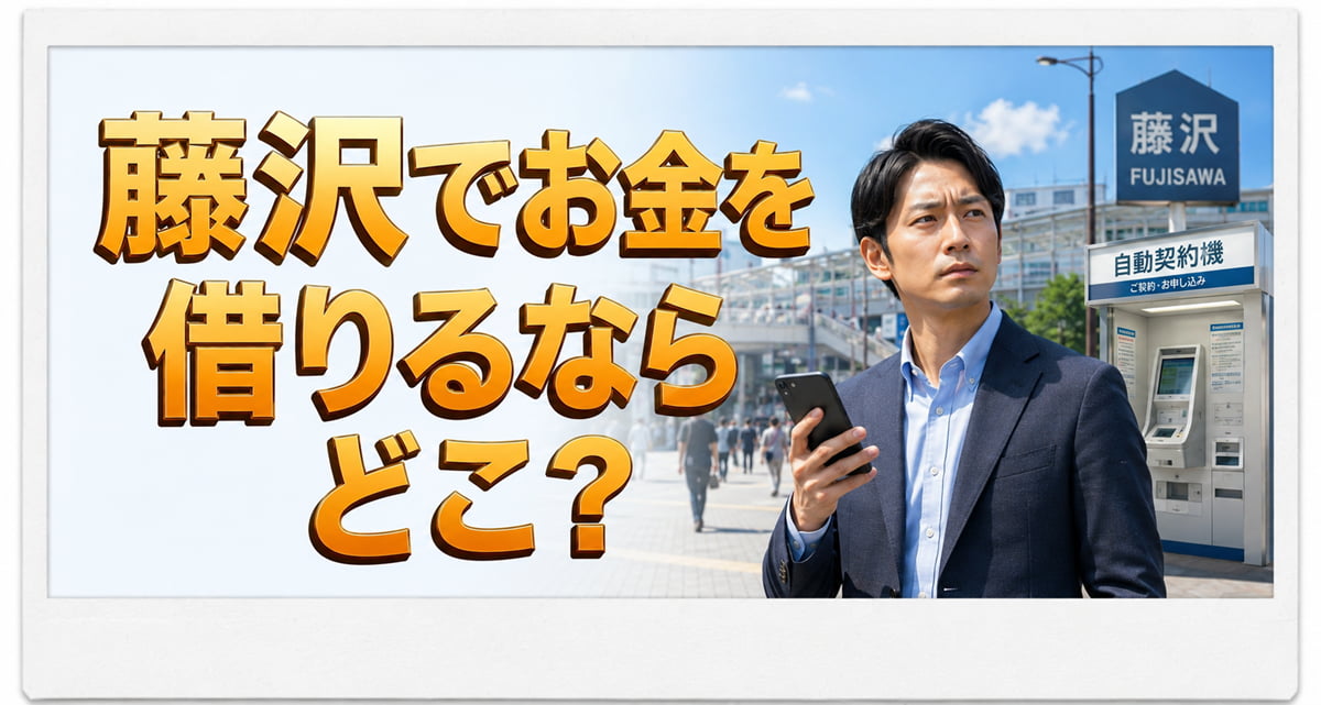藤沢の町並みで「藤沢街金」と検索しながら自動契約機を探して焦っている男性の様子