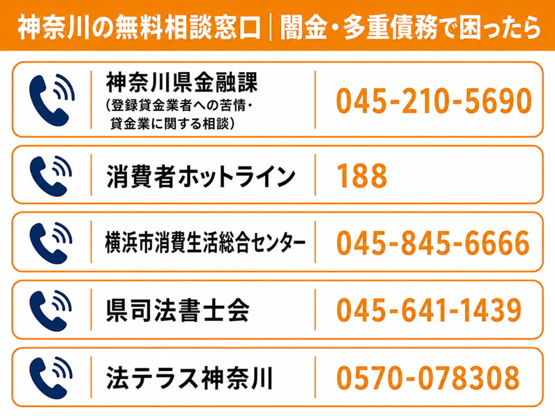 神奈川で闇金・多重債務に困ったときに無料で相談できる公的窓口の一覧図