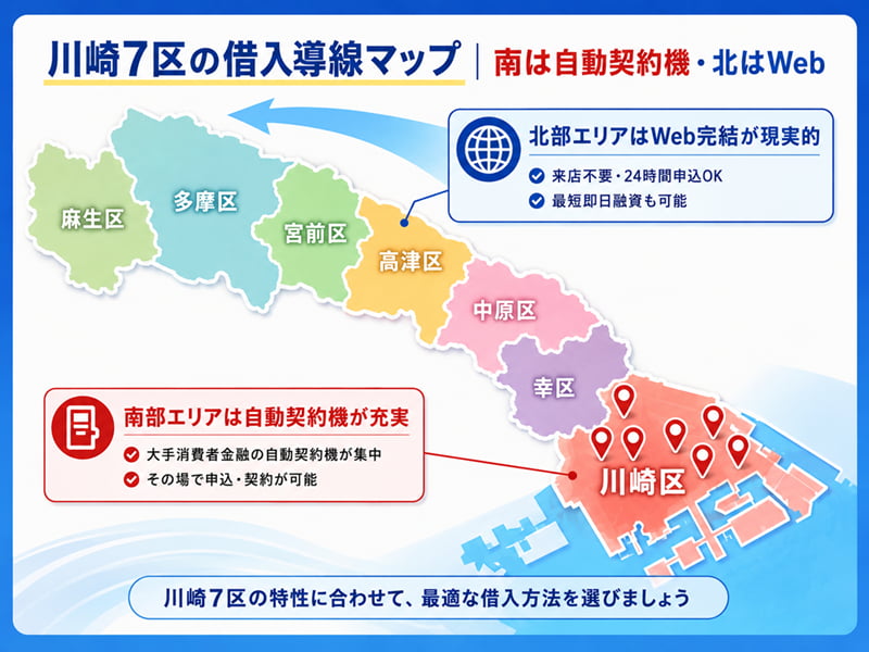川崎市7区の借入導線。川崎区に大手自動契約機が集中し北部はWeb完結が現実的なことを示す地図