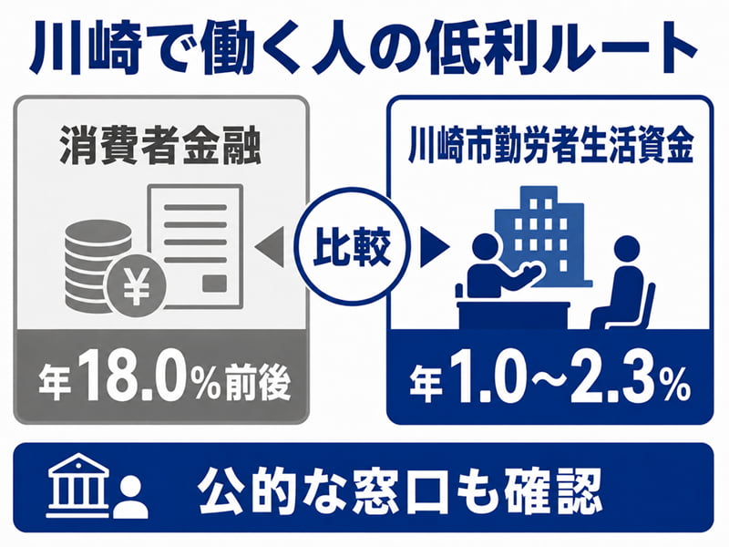 川崎市勤労者生活資金の低金利(年1.0〜2.3%)と消費者金融の金利を比較し公的ルートを示す図