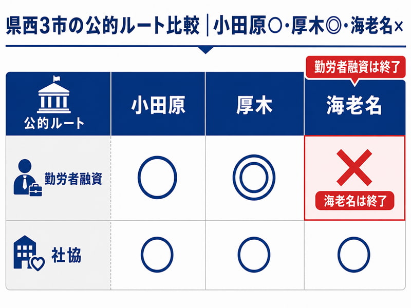 県西3市（小田原・厚木・海老名）の勤労者向け融資と社協の有無を比較した図。海老名は勤労者融資終了。