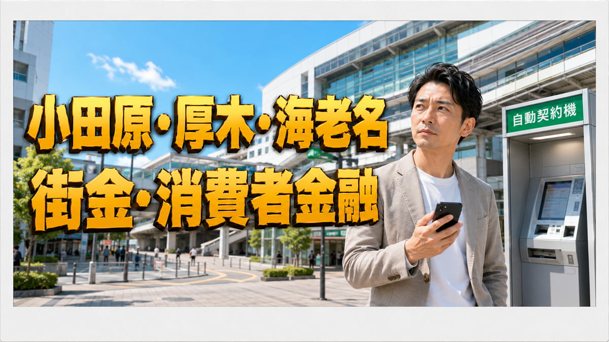 県西の小田原・厚木・海老名で頼れる公的融資が市ごとに違うことと安全な借り方を示す図。小田原駅前で自動契約機を探す男性。