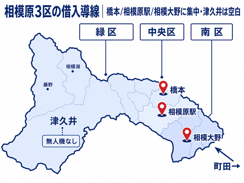 相模原3区の借入導線。橋本・相模原駅・相模大野に窓口が集中し津久井山間部は空白なことを示す地図