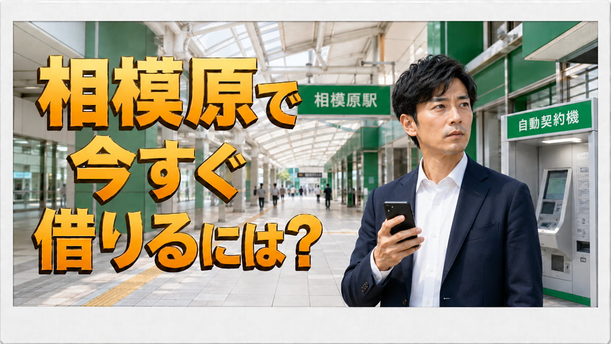 相模原で今すぐ借りるには？相模大野・橋本の即日融資と市の低利融資のアイキャッチ画像。スマホを見ながら相模原駅で自動契約機を探す男性。