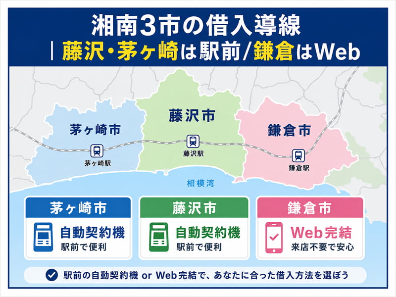 湘南3市(藤沢・茅ヶ崎・鎌倉)の借入導線。藤沢茅ヶ崎は駅前、鎌倉はWeb完結が現実的なことを示す地図