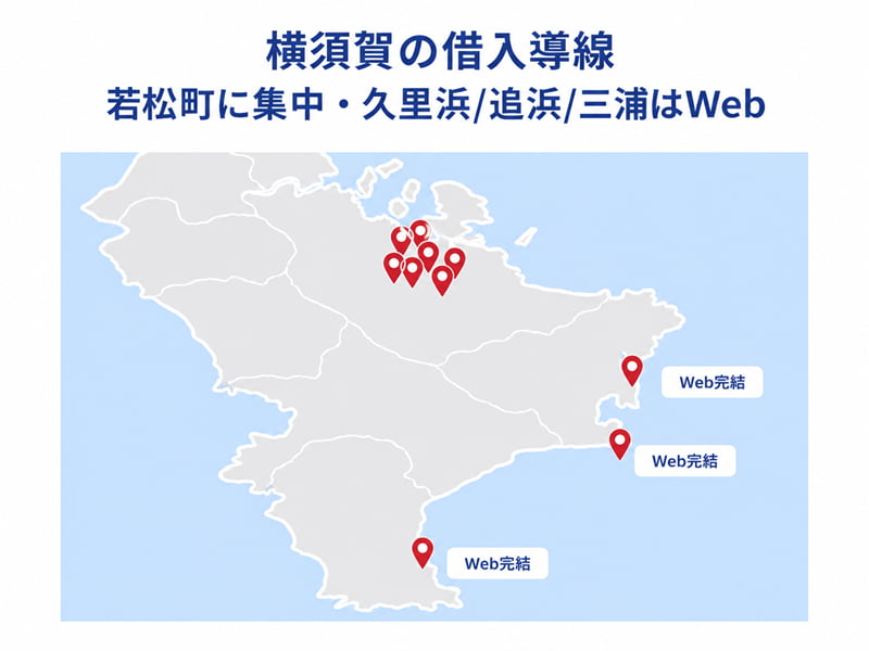 横須賀の借入導線。若松町に窓口が集中し久里浜・追浜・三浦はWeb完結が現実的なことを示す地図